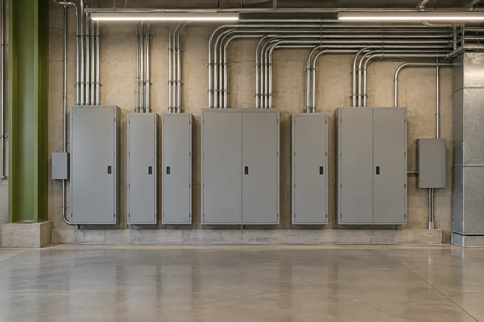 Closed commercial electrical cabinets and organized metal conduit runs