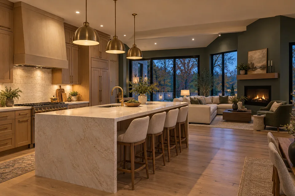 Finished residential interior with layered kitchen and living room lighting